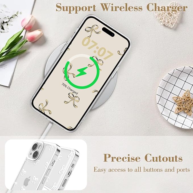 EYZUTAK Case for iPhone 14 Plus, Clear Cute Ribbon Bowknot Pattern Aesthetic Transparent Phone Case Raised Camera Protection Stylish Slim Soft Durable TPU Protective Cover for Women Girls - White