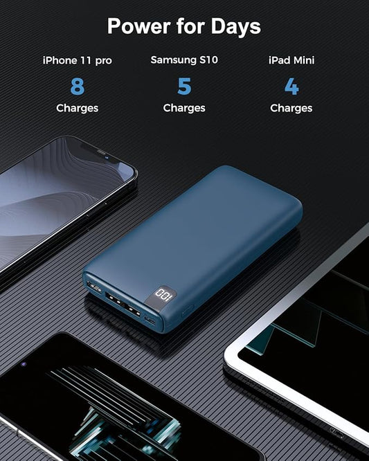 IXNINE Power Bank 26800mAh Portable Charger, 22.5W Fast Charging PD QC 3.0 Compact External Battery Pack with LED Display and 4 USB Outputs for Cellphone Tablet (Blue)