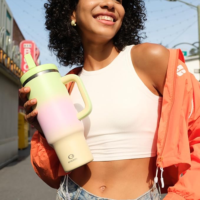 40 oz Tumbler with Handle and Straw: Stainless Steel Insulated Tumbler Keeps Cold for 24 Hours, Leakproof Travel Cup Fits in Cup Holder and BPA-Free, Morning Dew