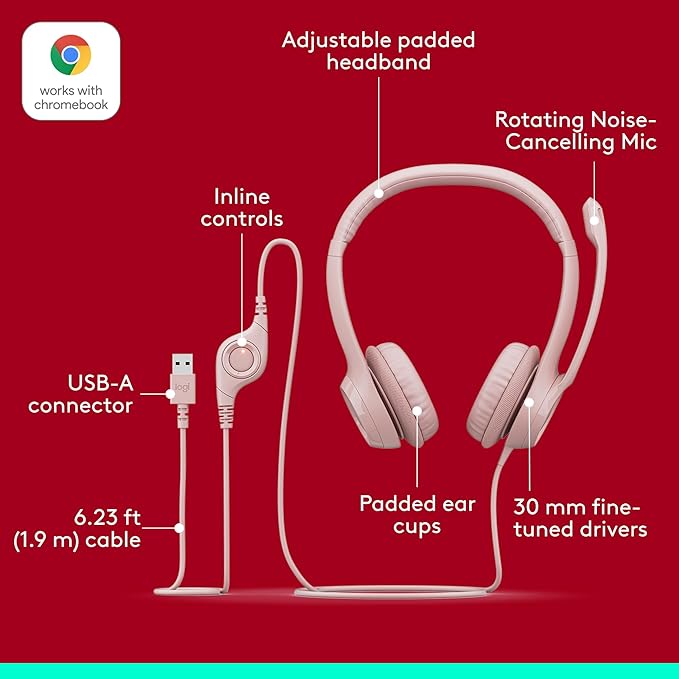 Logitech H390 Gaming Headphones, Wired Headphones with Mic, USB Headset with Microphone for PC, Noise Cancelling Microphone for Video Meetings, Music, Gaming - Rose