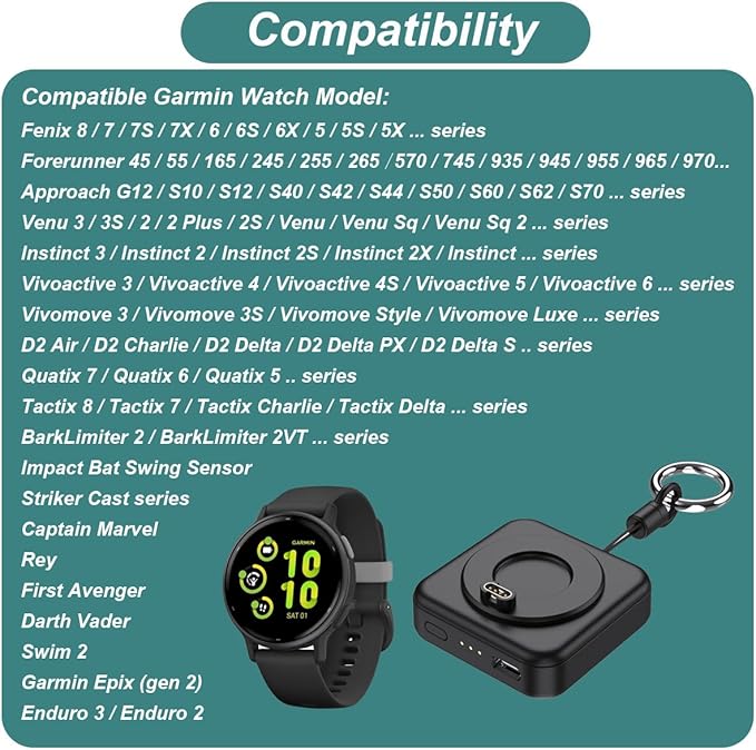 Charger for Garmin Watch - 1200mAh Portable Charger for Garmin Vivoactive 6 5, Fenix 8 7X 6, Venu 3s 3 2, Instinct 3 2, Forerunner 165 265 965, Approach S70 S62 S50 S44, Epix Pro 2, Tactix 8 7, Enduro