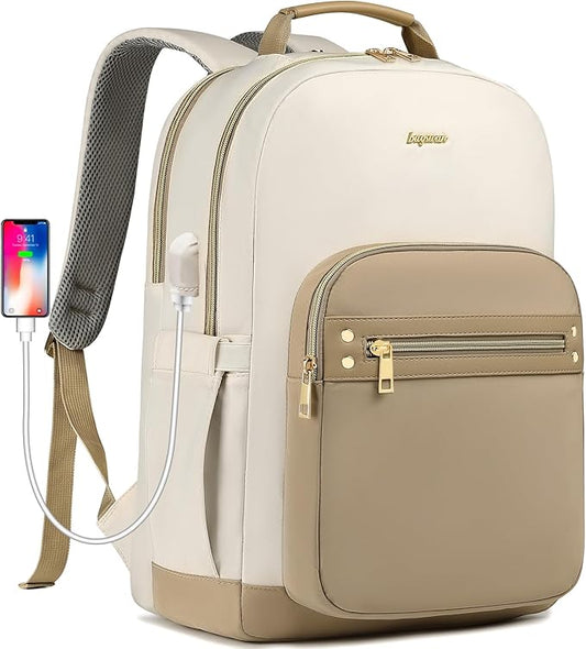 Laptop Backpack for Women Girls Bookbag - 17.3 Inch School Backpacks with USB Charging Port for Teen Students College Nurse Book Bag Work Teacher Back Pack Waterproof Casual Travel Daypack Khaki Beige
