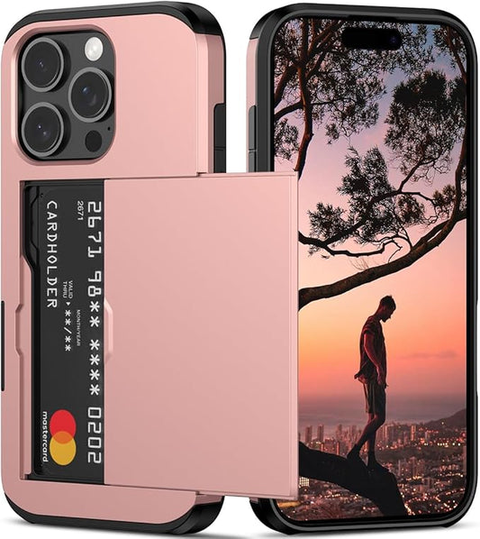 Nvollnoe Compatible with iPhone 16 Pro Case with Card Holder Dual Layer Heavy Duty Protective Shockproof Hidden Card Slot Slim Wallet Phone Cover for iPhone 16 Pro for Women&Men 6.3 inch(Rose Gold)