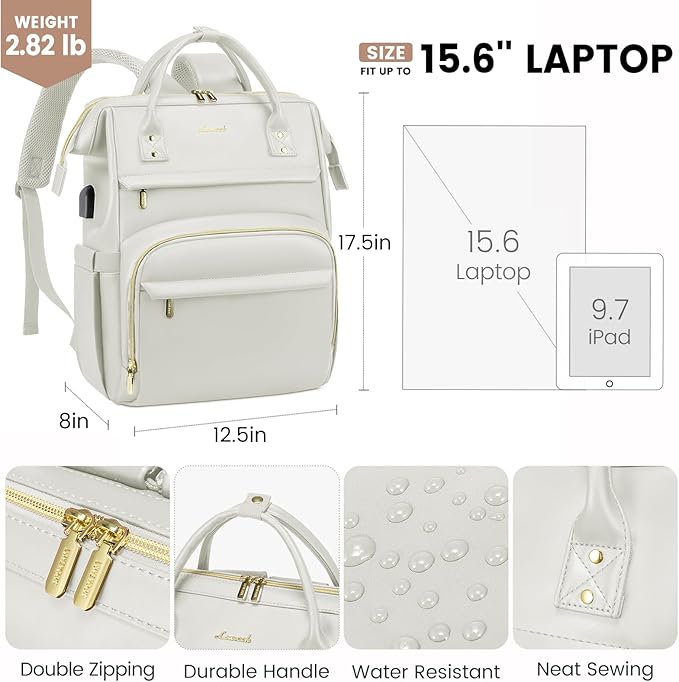 LOVEVOOK Leather Laptop Backpack for Women 17 inch,Travel Backpacks Purse Nurse Teacher Backpack Computer Laptop Bag,Professional College Business Work Bags Carry On Backpack with USB Port,Beige White