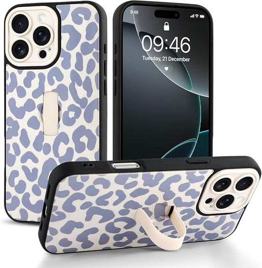 Compatible with iPhone 16 Pro Case with Finger Hand Strap Kickstand, Trendy Cool Leopard Cheetah Print Phone Case for Women Men, Full Camera Protection Shockproof Protective Cover, White