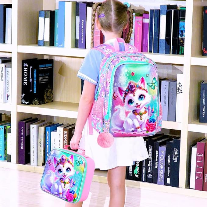 3Pcs Fox Backpack for Girls, 16" Kids Bookbag with Lunch Box，School Backpacks for Elementary Preschool Kindergarten (Pink)