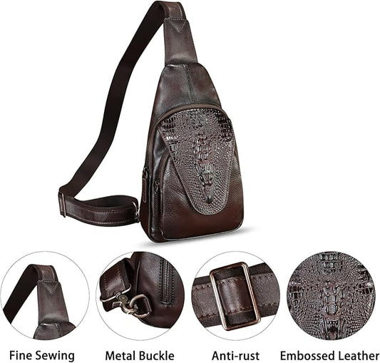 Genuine Leather Sling Bag Embossed Crocodile Pattern Leather Crossbody Sling Backpack Handmade Chest Purse Daypack (Coffee)