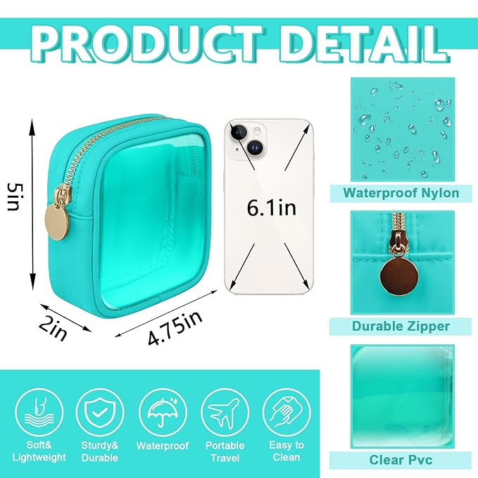 Clear Mini Makeup Bag for Purse, Small Nylon&PVC Cosmetic Travel Bag TSA Approved Toiletry Bag with Zipper, Preppy Transparent Makeup Travel Bag Coin Purse for Women Men Girls(Mini-Mint Green)