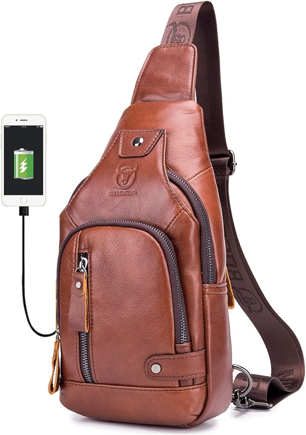BULLCAPTAIN Leather Men Sling Bags Travel Crossbody Chest Bag Hiking Daypack with USB Charging Port Multi-Pocket