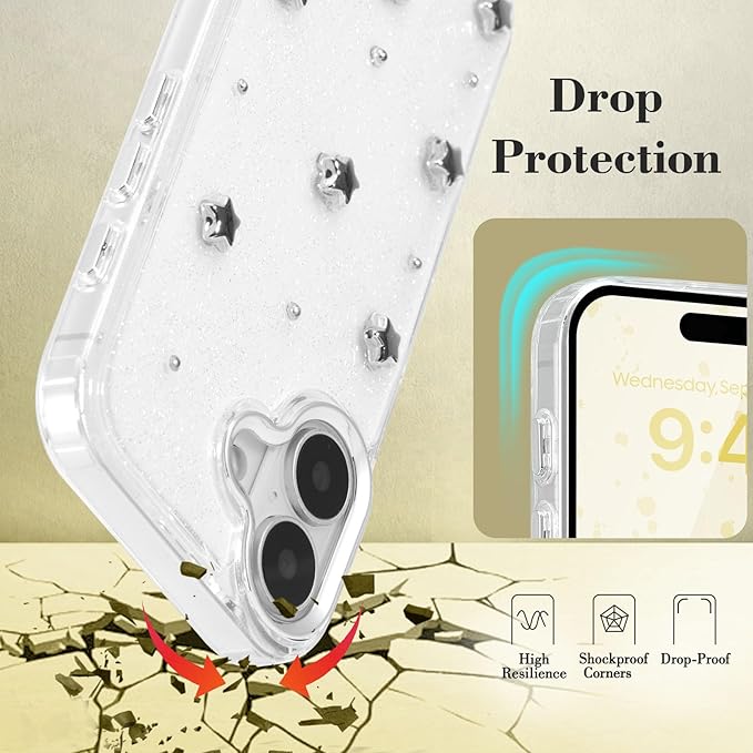 EYZUTAK Case for iPhone 17, Bling Glitter 3D Stars Phone Case Cute Sparkly Crystal Clear Star Aesthetic Design Cover Slim Soft Durable TPU Transparent Protective Cover for Women Girls - Star