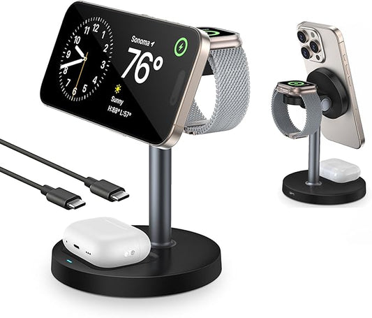 3 in 1 Wireless Charging Station for Multiple Devices, 15W Fast Magnetic Wireless Charger Stand with Adjustable Angle, Compatible with iPhone12-16 Series, Apple Watch, AirPods - Gifts for Men &Women