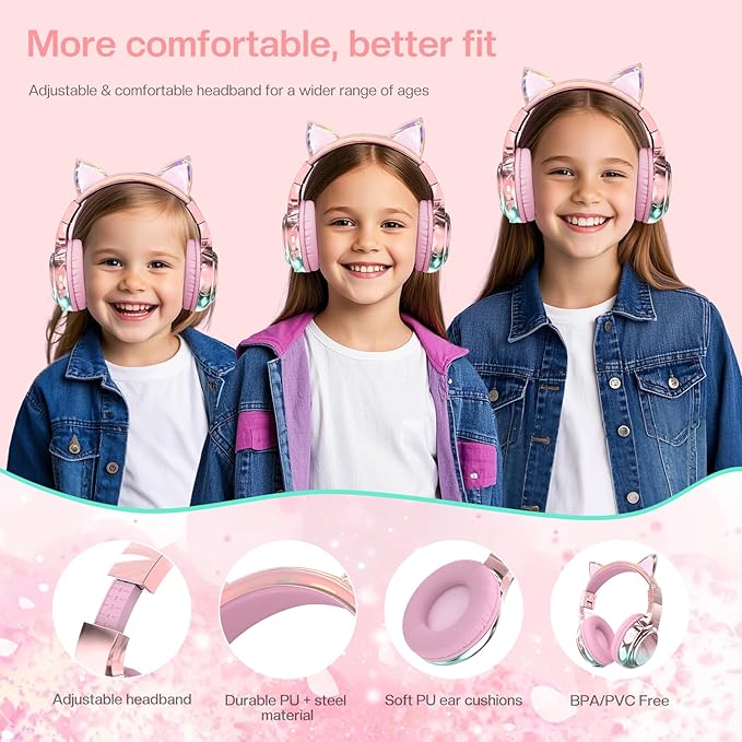 QearFun Kids Cat Ear Bluetooth Headphones, 60H Playtime, 74/85/94dB Safe Volume Limit, Metallic Gradient Wireless Headset with Mic, Fast Charging, Foldable, Wired Mode for Girls School/Tablet/Travel