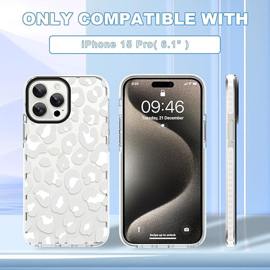 ZIYE Clear Case for iPhone 15 Pro Phone Case White Leopard Design Shockproof Soft TPU Bumper Protective for Women Girls Girly Cute Cover