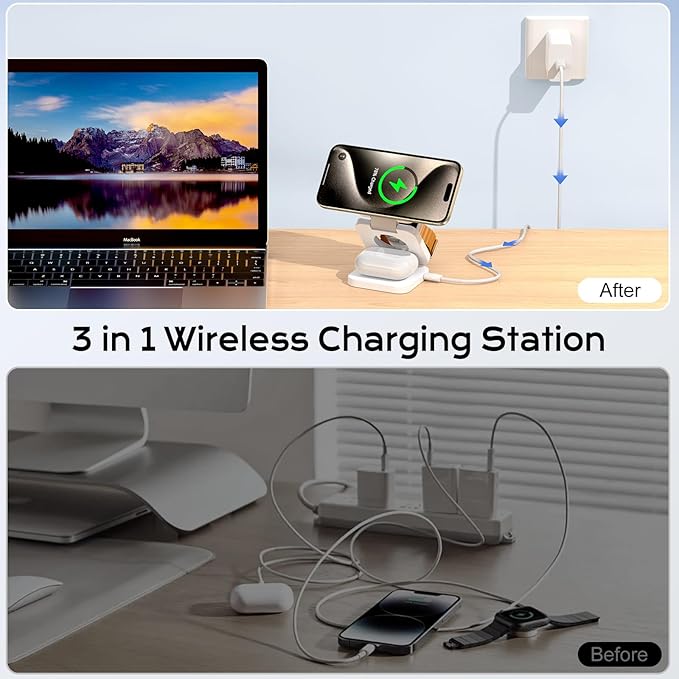 Wireless Charger for iPhone, KU XIU 3 in 1 Travel Charging Station for iPhone 17/16/15/14/13/12 Series, 5W Foldable Charger for Apple Watch10/9/8/7/6/5/4/3/SE, for Airpods 4/3/2/Pro