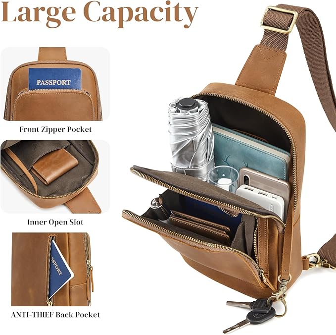 S-ZONE Sling Bag for Men Women RFID Blocking Top Grain Leather Crossbody Shoulder Bag Chest Hiking Daypack Travel