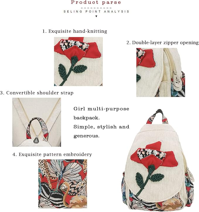 HUANGGUOSHU Women Cotton Woven Bohemian Hemp Boho Canvas Embroidery Multi Pocket Retro Cute Backpack Wallet Backpack（Yutu Moon）