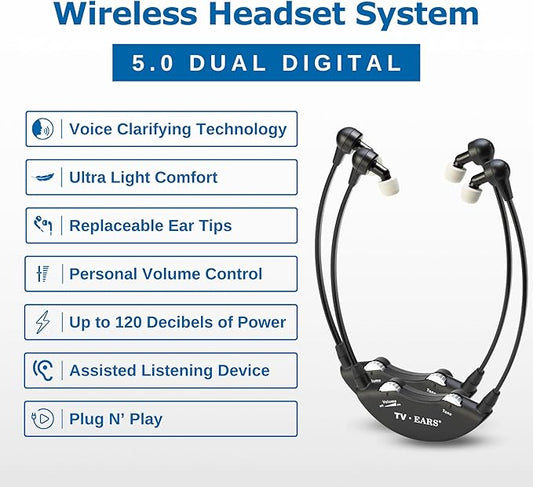TV · EARS 5.0 Dual Digital Wireless Headset System for Watching, Includes 2 Headsets & RF Transmitter Compatible with Most TV Brands, Ideal for Seniors & with Hearing Difficulties