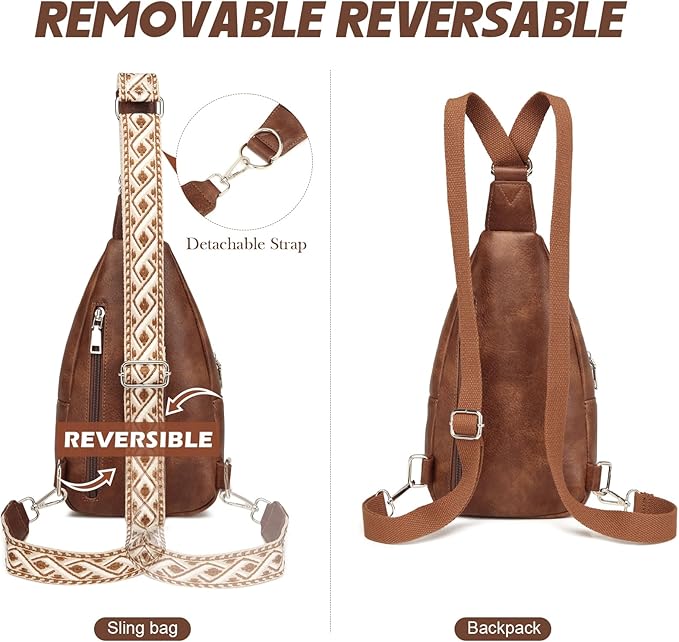 Sling Bag Crossbody Backpack - 2 in 1 Leather Cross Body Bag Fanny Pack with 2 Removable Straps