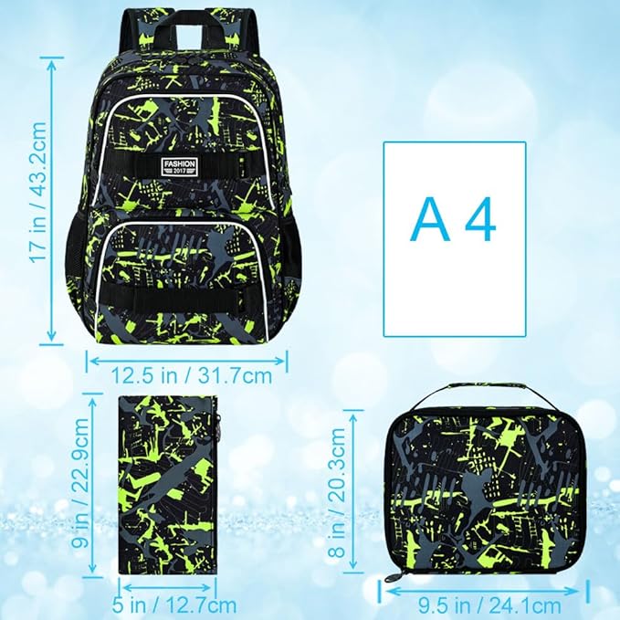 3Pcs Backpack for Girls Boys, 17 Inch School Bookbag with Lunch Box, Durable Laptop Backpacks Set for Teens College