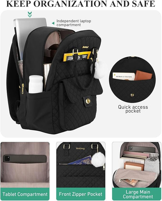 Teen Girls Backpack for School, 15.6in Laptop Backpack with Charging Hole for Travel Work, Cute Bookbag Purse Computer Daypack for Women, Black