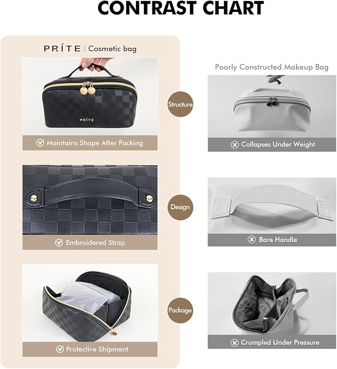 Prite Makeup Bag for Women Travel Waterproof Vegan Leather Cosmetic Bag Open Flat Toiletry Bag With Clear Divider and Handle (Plaid Black)