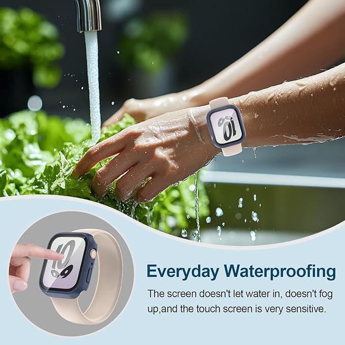 2 in 1 Waterproof Case for Apple Watch Screen Protector 41mm Series 7 8 9 Accessories with Tempered Glass Film Face Protective & PC Bumper Cover Compatible iWatch 41mm