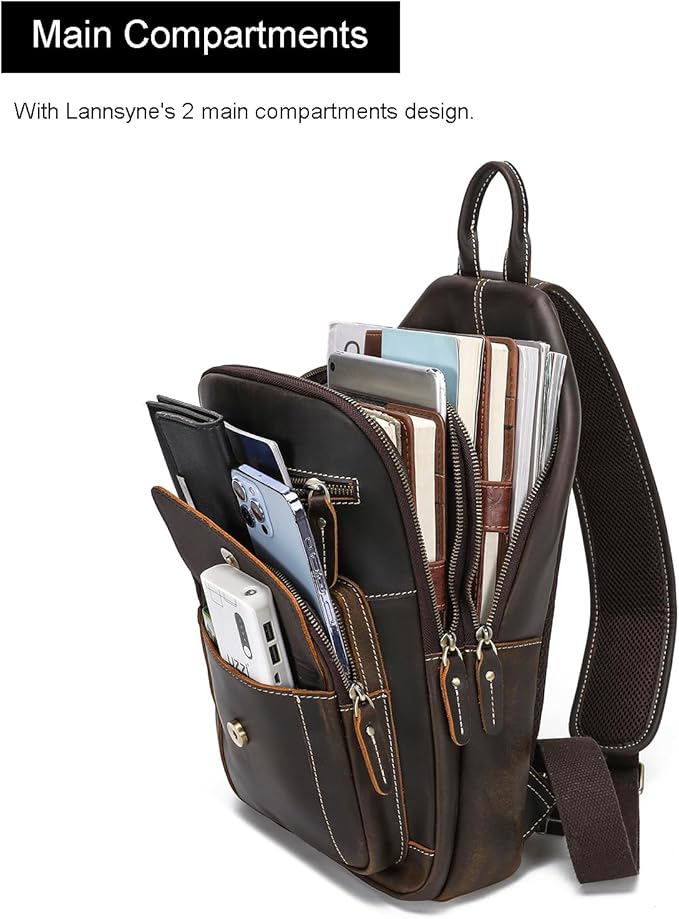 LANNSYNE Full Grain Leather Casual Sling Bag For Men Hiking/Travel/Business Crossbody Chest Bag Fits 12.9" iPad