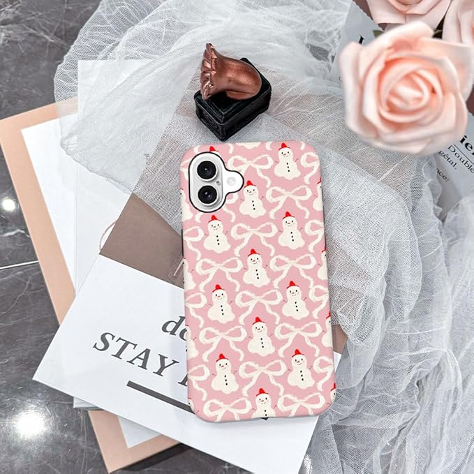 DAIZAG Case Compatible with for iPhone 16 Plus,Christmas Snowman Pink Bow Phone Case for iPhone 16 Plus for Girl Women Boy Men
