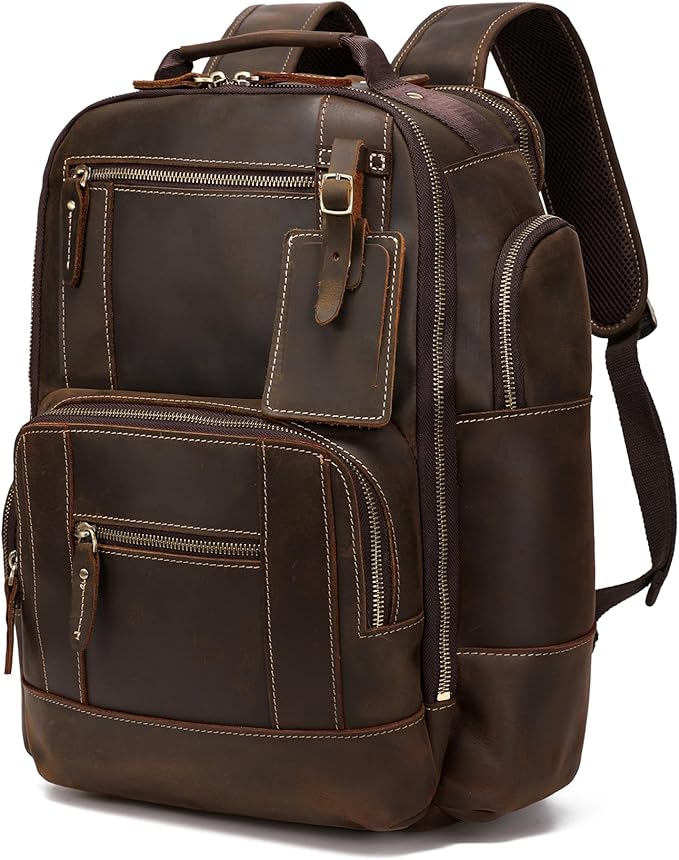 LANNSYNE Vintage Genuine Leather Backpack for men, 15.6" Laptop Backpack Travel Camping 24L Rucksack