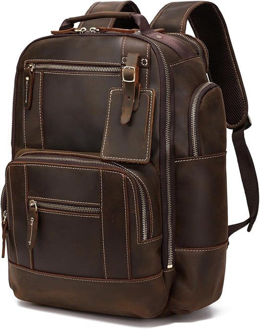 LANNSYNE Vintage Genuine Leather Backpack for men, 15.6" Laptop Backpack Travel Camping 24L Rucksack
