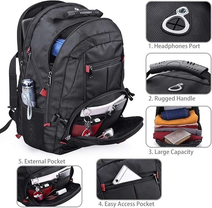 NUBILY Laptop Backpack 17 Inch Waterproof Extra Large TSA Travel Backpack Anti Theft College Business Mens Backpacks with USB Charging Port 17.3 Gaming Computer Backpack for Women Men Black 45L