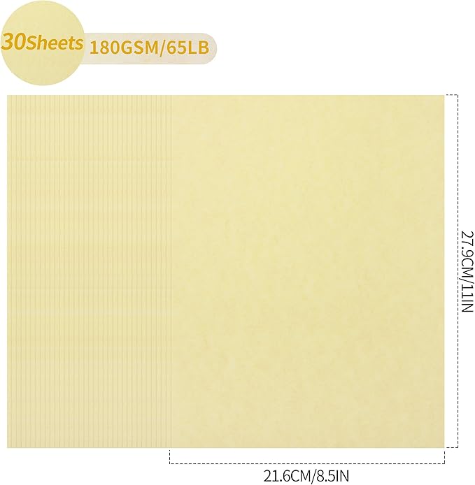 30 Sheets Parchment Paper - Creamy Yellow 8.5” x 11” Letter Size Parchment Card Stock 65lb Heavyweight Paper Thick Vintage Paper for Certificate, Crafts, Business Cards, Invitations PAP04CY