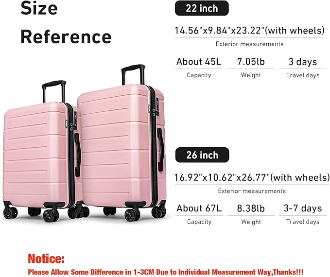 KYME Luggage Sets 2 Piece Hardshell 22"/26" Suitcase with Spinner Wheels Hardside Suitcases Sets with TSA Lock Lightweight Travel Luggage Set with Cup Holder for Women Pink