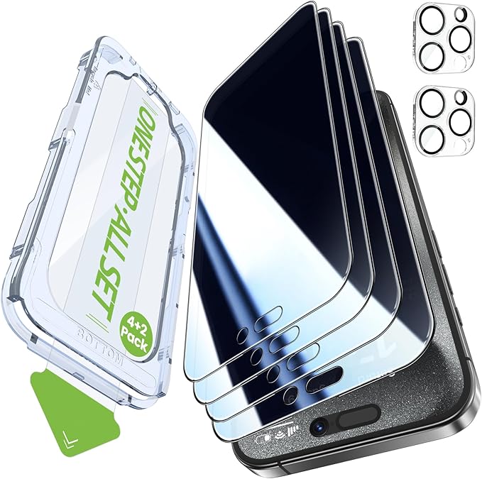 iGluz 4+2 Pack for iPhone 15 Pro Privacy Screen Protector with Camera Lens Protector 6.1 inch,9H+Tempered Glass[12FT Military Grade Shatterproof &100% Anti-Spy],3D Micro-Curved Edges[Longest Durable]