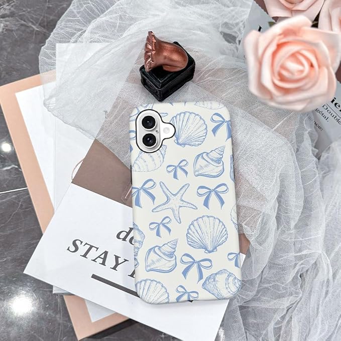DAIZAG Case Compatible with iPhone 16,Fit Shockproof Cover for Women Girls,Blue Seashell Bow