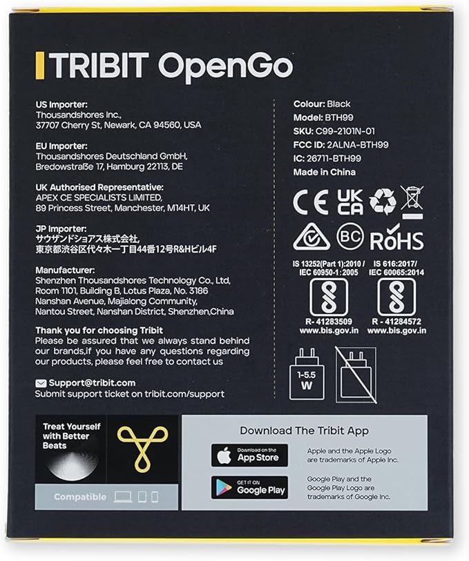 Tribit Open-Ear Headphones OpenGo, Wireless Earbuds with Bluetooth 5.3, IPX5 Waterproof Sport Earphones, 104H Playtime with Charging Case, Ergonomic Earhooks, LED Display, Built-in Mic for Workout