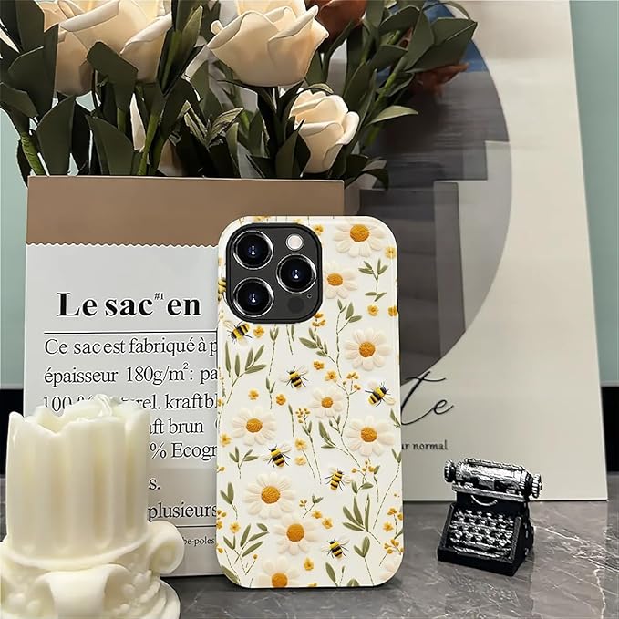 Case for iPhone 13 Pro Max Case,Bees Sunflowers Design - Hybrid Dual Protection Silicone + Hard PC Shockproof Full Body Cover Slim Anti-Scratch Protective Case for Men Women