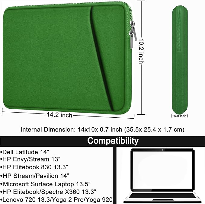 Askuko 14 inch Laptop Sleeve, Shockproof Protective Computer Cover, Durable Carrying Bag Laptop Case Compatible with 14"" MacBook Air/Pro HP Asus Lenovo Notebook, Dark Green