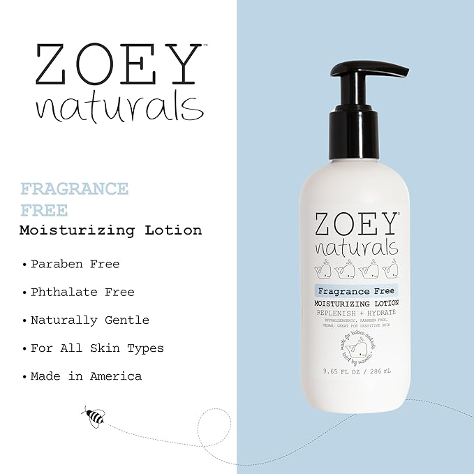 Zoey Naturals Fragrance-Free Baby & Toddler Lotion – Hypoallergenic, Vegan, Gentle Moisturizer for Sensitive Skin – Non-Greasy, Paraben & Phthalate Free – 9.65 oz