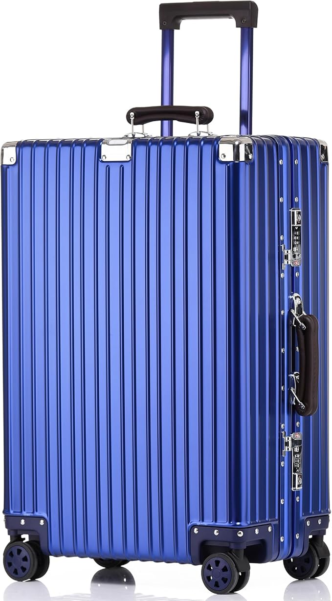 HotWay 20 Inch All Aluminum Carry On Luggage with Leather Handle, Hard Shell Zipperless Suitcase with TSA Locks and Spinner Wheels, Blue Travel Luggage (22x14x9 Airline Approved)