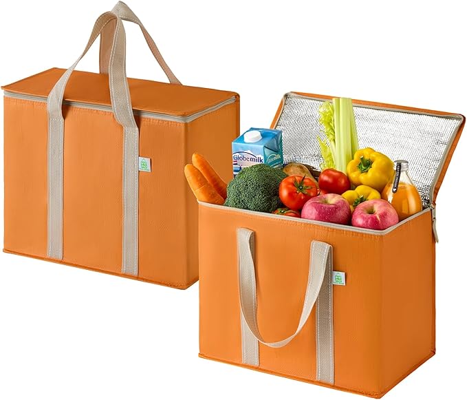 VENO 2 Pack Cooler Bag and Insulated Grocery Bags for Food Delivery, Collapsible Cooler. Reusable Shopping Bags for Groceries with Hard Bottom, Zippered, Foldable, Heavy-Duty (Autumn Orange, 2 Pack)