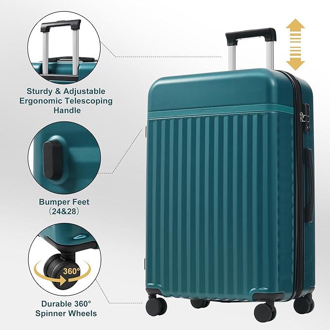Merax Luggage Sets Front Opening, 2 Piece Hardshell Suitcase with Spinner Wheels and Bags,Lightweight Carry on Luggage with USB Port,20+24,Dark Green