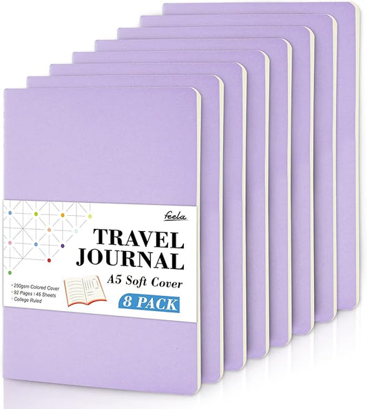 feela 8 Pack Soft Cover Journal Bulk, Notebooks College Ruled for Work, Lined Travel Journal for Women Men, Note Taking Notebook School Supplies Business Writing, 8.2” x 5.5”, A5, Light Purple