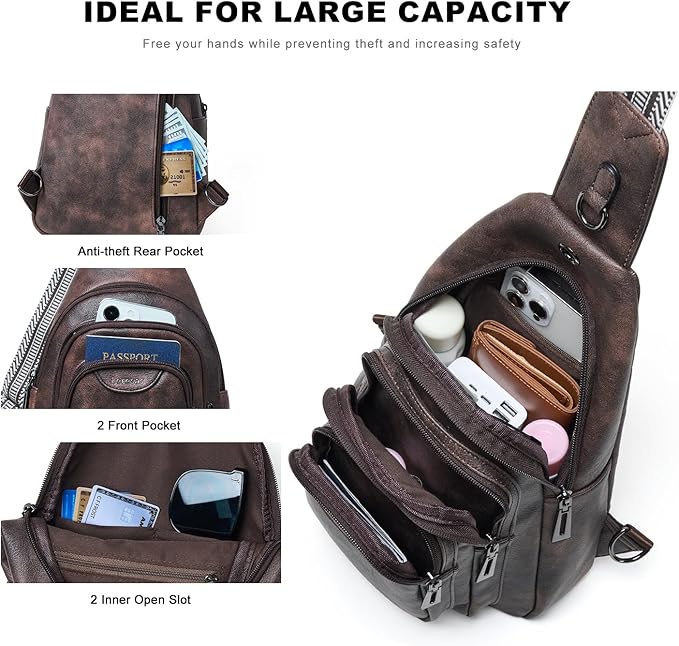 Crossbody Sling Bag for Women Men Anti Theft Cross Body Fanny Pack Belt Bag Purse Gifts for Women Faux Leather, Coffee
