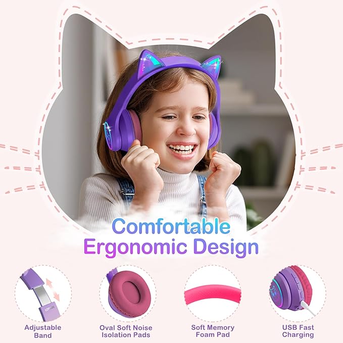 LOBKIN Bluetooth 5.4 Kids Headphones with Case - RGB LED Light Up Cat Ears Foldable Adjustable Over Ear Headphone Support Wireless or 3.5mm Wired Mode for Toddler & Girls & Boys Teens