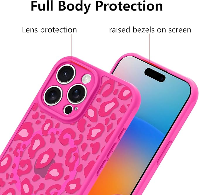 KANGHAR Case for iPhone 16 Pro Hot Pink Leopard Printed Pattern Cute Cheetah [Compatible with Magsafe] Protective Magnetic Case for Girls Women 6.3"