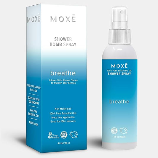 MOXĒ Breathe Eucalyptus & Peppermint Shower Mist, Spa Steam Spray, Certified Natural 100% Essential Oils, Made in USA, Aromatherapy, Sinus Congestion Relief, 4 Ounces
