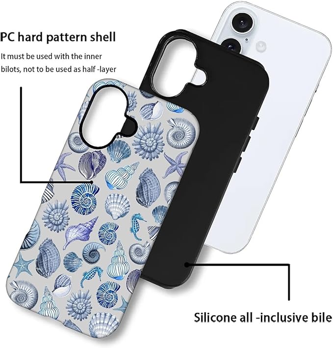 Case for iPhone 16,Summer Beachy Seashell for Woman Men Full Body Protective Cover Shockproof 2 in 1 Silicone + Hard PC Case for iPhone 16