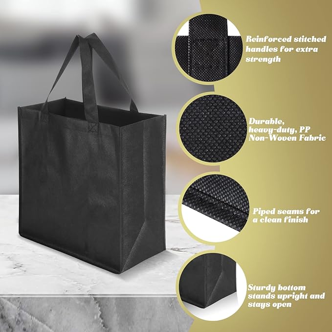 Reginary Reusable Totes Bags - 100 Pcs Non Woven Grocery Handle Bags for Shop Events & Retail Store(Black)