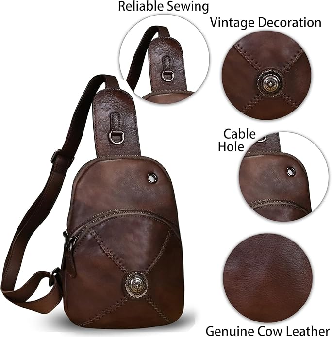Genuine Leather Silng Bag for Women Small Vintage Leather Sling Backpack Fashion Shoulder Crossbody Bag Chest Purse